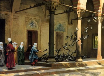 greek Painting - Harem Women Feeding Pigeons in a Courtyard Greek Arabian Orientalism Jean Leon Gerome
